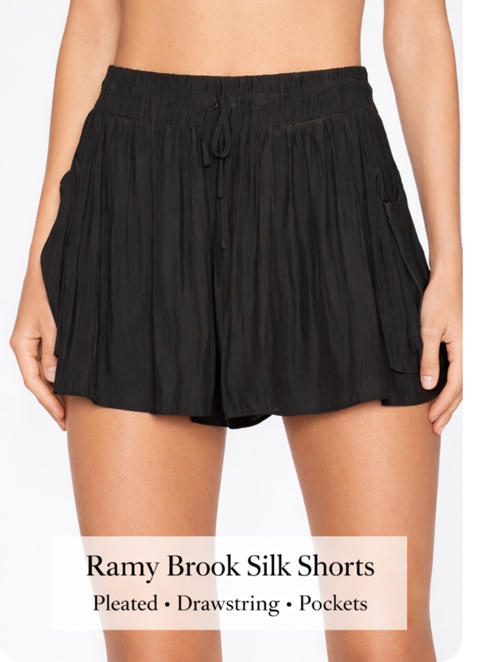 Ramy Brook Black Silk Pleated Shorts Drawstring Waist Flowy Mini Pockets Luxe